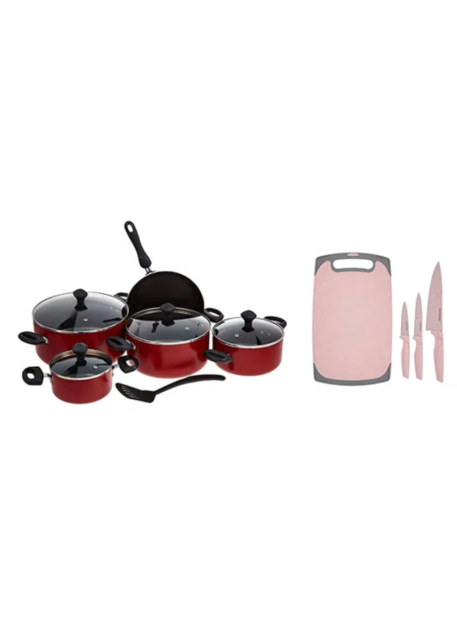 Prestige 14-Piece Classique Non Stick Shatterproof Toughened Glass With Reinforced Metal Cookware Set With Cutting Board And Tool Set Includes 1xCasserole With Lid 20cm, 1xCasserole With Lid 24 cm, 1xCasserole With Lid 26 cm, 1xCasserole With Lid 28 cm, 1xFrying Pan 24 cm, 1xSpatula, 1xCutting Board And 3 kitchen Knife Tools Assorted Colour