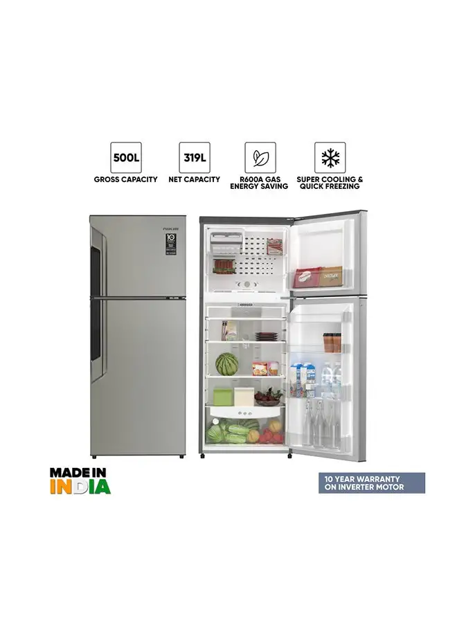 NIKAI 500L Gross / 319L Net, Double Door Refrigerator, No Frost Top Mount Fridge, R600A Power Saving, CFC Free, Best For Home And Office, 10 Years Inverter Compressor Warranty, St Steel Finish, Made In India 404.42 kW NRF500FSS Grey