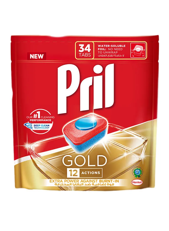 Pril Gold Automatic Dishwashing Tablets Faster Dissolving Tab With Deep Clean And Action Against Burnt-In Stains 34 Count Red/Blue 653grams