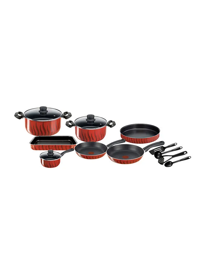 Tefal 14-Piece Tefal G6 Tempo Flame Non-Stick Coating No Pfoa, No Lead, No Cadmium Heat Indicator Cookware Set Includes Frying Pan 24/ 28, Saucepan 16+ Glass Lid, Stewpots 24/ 28+ Glass Lids, Kebbe 28 Cm, Oven Dish, 29x22cm, 4 Accessories (Spoon, Ladle, Long Spatula, Potato Masher) Red