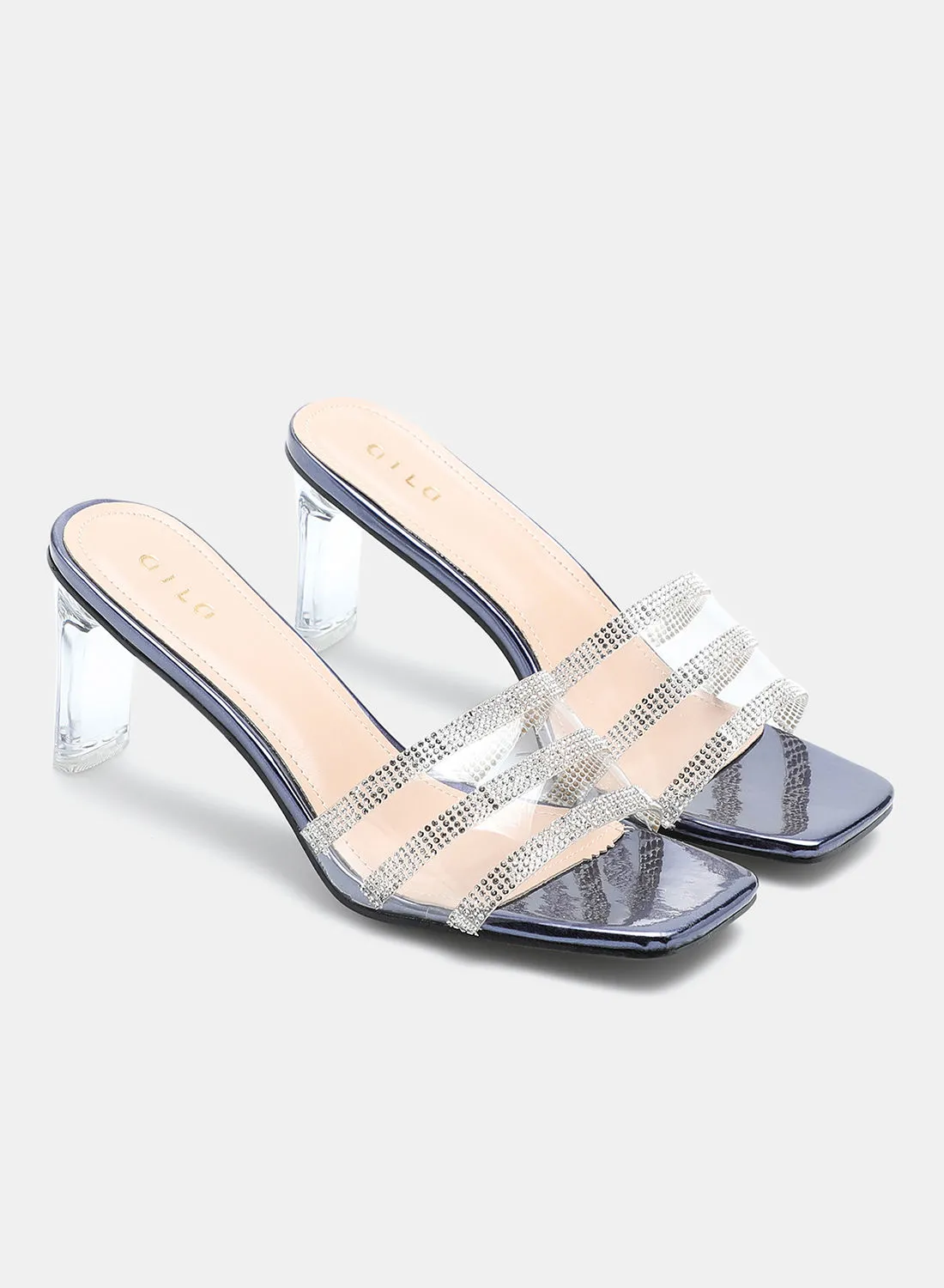 Aila Stone Embellished Strap Heeled Sandals Metallic Blue/Silver