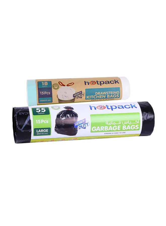 حزمة عرض كومبو من hotpack 15 قطعة لفة قمامة شديدة التحمل أسود كبير 80x110 سم 55 جالون + 15 قطعة لفة قمامة شديدة التحمل أبيض 55x65 سم 18 جالون أسود 80x110 سم