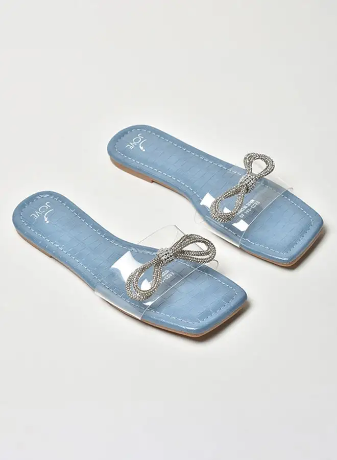 Jove Stone Embellished Broad Strap Flat Sandals Blue/Silver/Clear