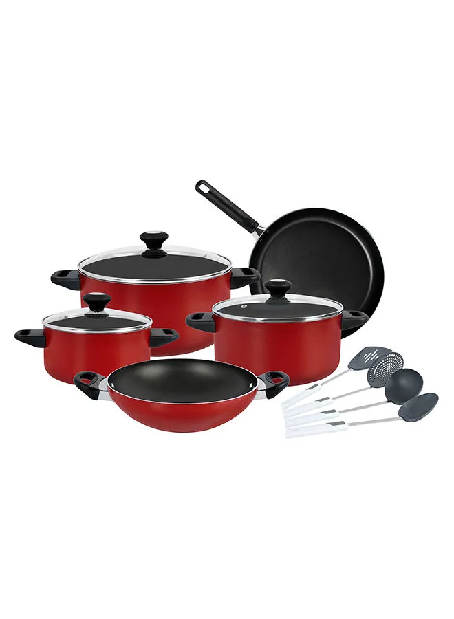 Prestige 12-Piece Classique Non-Stick Coating Durable Material Stylish and Elegant Design Multipurpose Cookware Set Includes Casserole With Glass Lid 20 cm, Casserole With Glass Lid 24 cm, Casserole With Glass Lid 28 cm, Wok28 cm, Skillet28 cm, Soup Ladle, Skimmer, Solid Spoon, High Backturner Red