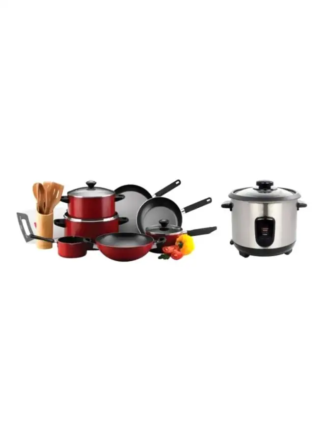 Prestige 16-Piece Cookware Set And Rice Cooker Red/Black/Silver