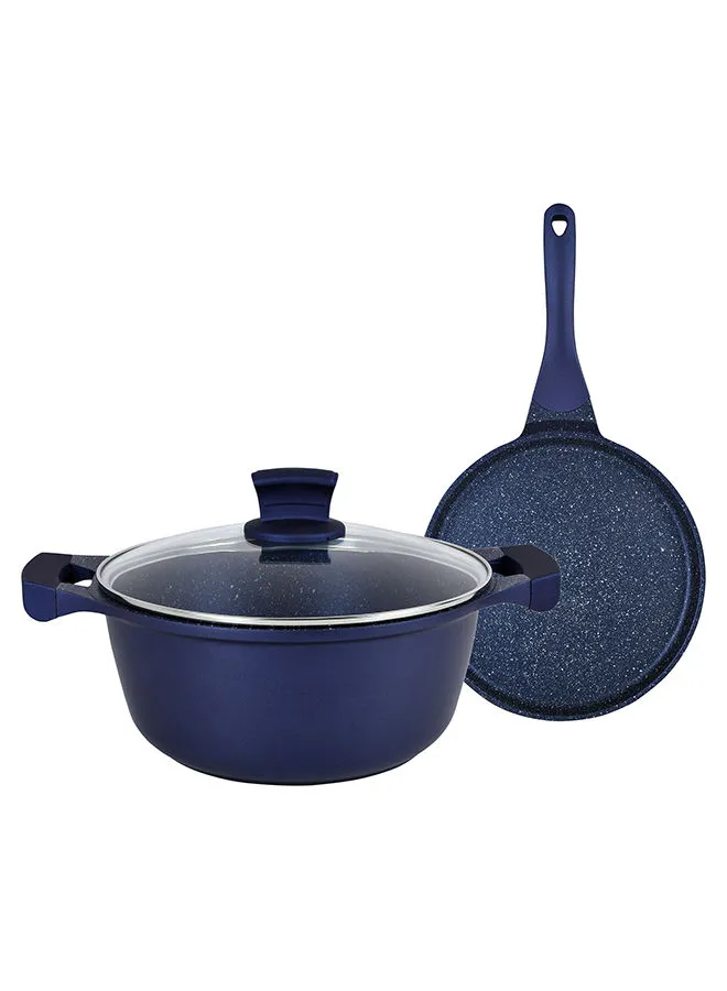 Winsor 3-Piece Cast Aluminum Granite Non-Stick Cookware Set Includes 1xCasserole With Lid 24cm, 1xTawa 26cm Blue