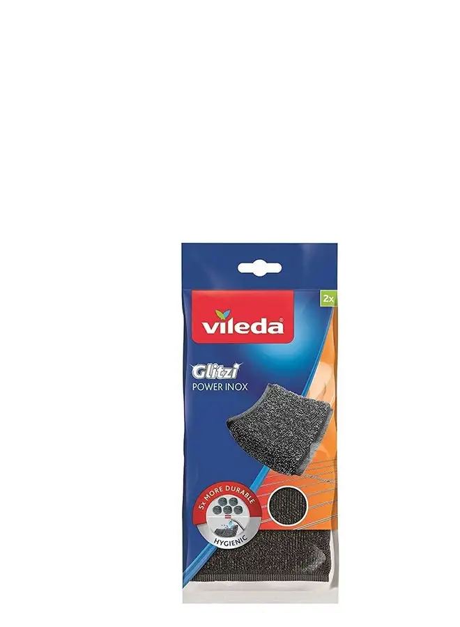 Vileda Glitzi Power Inox Metallic scouring pad 2pcs, Hardwearing Fabric, Hygienic, Efficient (2 Pcs Per Pack) Black