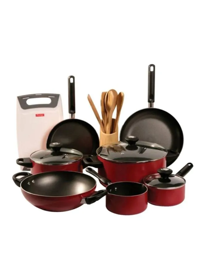 Prestige 16-Piece Classique Pro Aluminium Non Stick Interior Durable & Light Weight Cookware Set Includes 24cm Casserole With Glass Lid, 28cm Casserole With Glass Lid, 18cm Sauce Pan With Glass Lid, 14cm Milk Pan, 24cm Fry Pan, 28cm Fry Pan, 28cm Wok, Spoon, Tongs, Holder, Spatula, Turners, Spoon, Cutting Board Red/Black/Clear