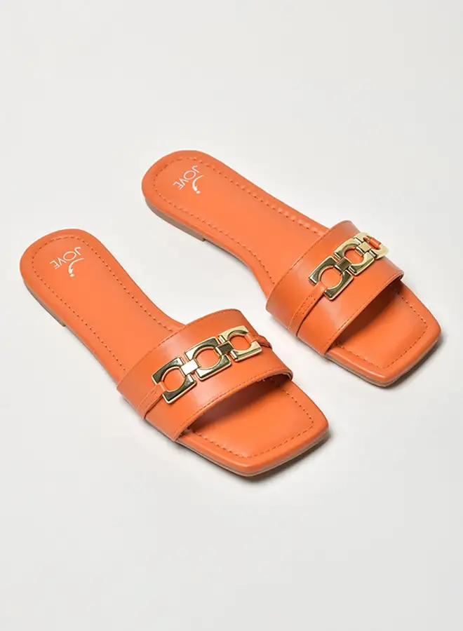 Jove Embellished Broad Strap Flat Sandals Orange/Gold