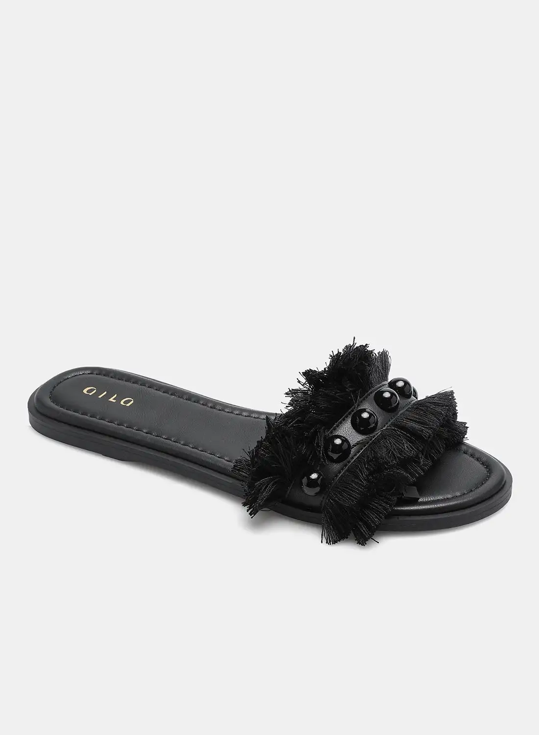 Aila Thread Pearl Embellished Strap Slides Black