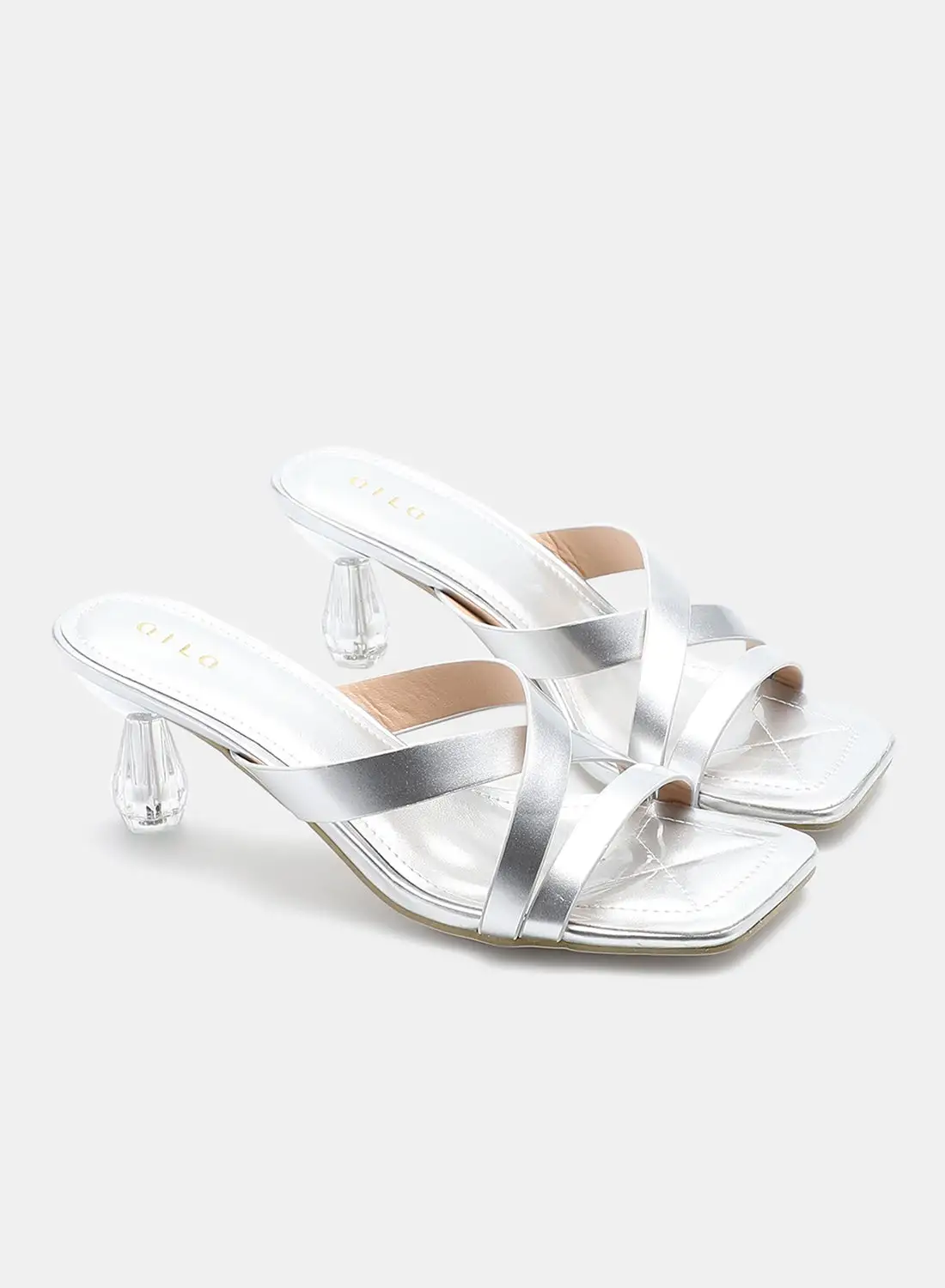 Aila Shiny Textured Strap Heeled Sandals Silver