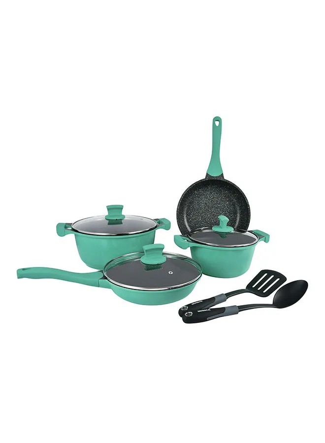 Winsor 9-Piece Cast Aluminum Granite Non-Stick Cookware Set Includes 2x Casserole With Lid 20 cm, 26cm, Fry Pan 24 cm , Sauté Pan 24 cm With Lid, 1x Spatula, Turners Turquoise