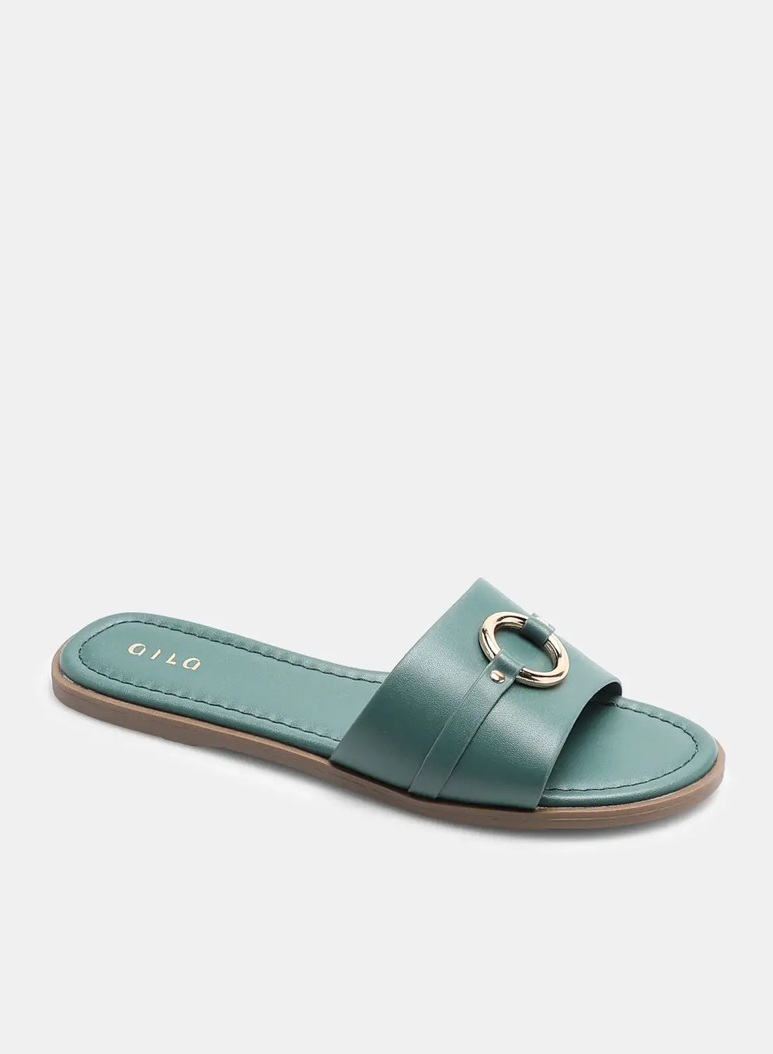 Aila Buckle Detail Strap Slides Olive/Silver