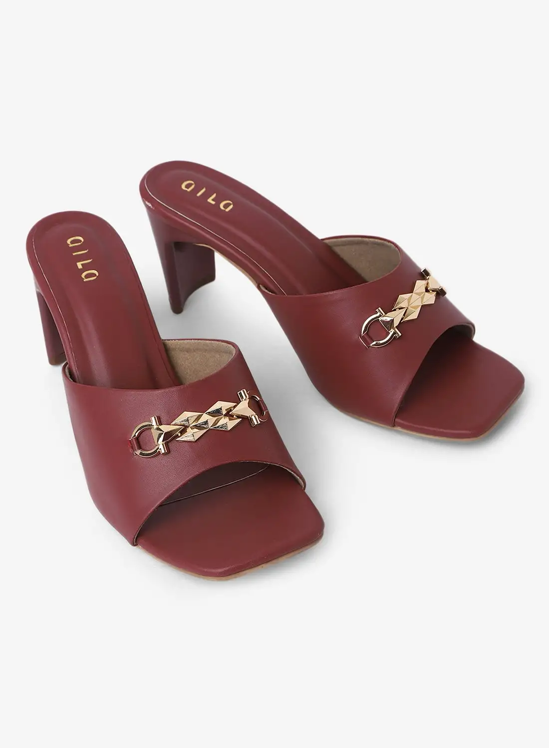 Aila Embellished Broad Strap Heeled Sandals Wine