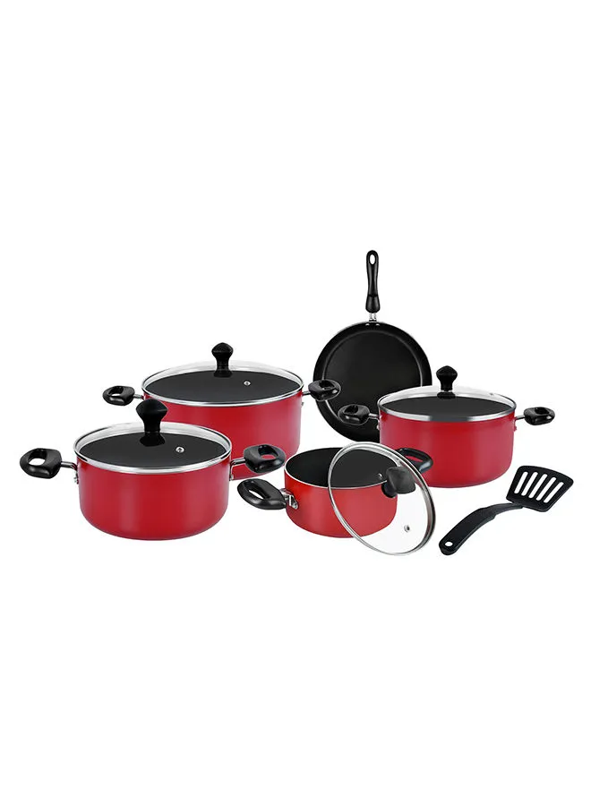 Prestige 10-Piece Classique Pro Aluminium Non Stick Interior Durable & Light Weight Cookware Set Includes 4x Casserole 1x16 cm, 1x20 cm, 1x24 cm 1x28 cm ,4xGlass Lid,1xFry Pan 1x24 cm,1xSpatula Red 24cm