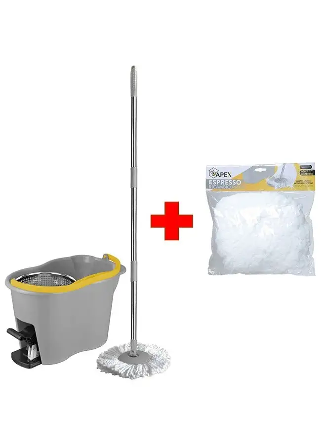 APEX Foot Pedal Spin Mop With Bucket Stainless Steel Wringer Set And Free Microfibrer Refill White 40cm