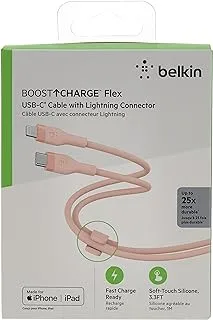 كابل بلكين BoostCharge Flex من السيليكون من النوع C إلى Lightning (1M / 3.3FT) ، شحن سريع 20W PD لشحن iPhone 14/14 Plus ، 13 ، 12 ، Pro ، Max ، Mini ، SE ، iPad والمزيد من اللون الوردي