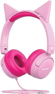 Promate Kids Headphones, HD Stereo On-Ear Wired Headset with Safe Volume Limited 85dB to 95dB, Detachable Cat Ears, AUX Share-Port, Foldable Headband and Built-In Mic for iPhone 13, Jewel