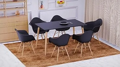 Mahmayi Cenare 7 Piece Dining Set for Kitchen, 140 X 80 Table With 6 DAW Arm Dining Chair, Dining Room Set Lounge Set, Eiffel Legged Base Molded Plastic Seat Shell Top side chairs Arm Chair Black