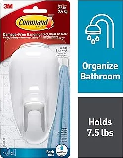 Command Bath Large Hook White color, 1 hook + 2 strips/pack | Holds 3.4 kg. | Water-Resistant Strips | Organize | Decoration | No Tools | Holds Strongly | Damage-Free Hanging