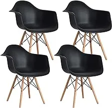 Mahmayi Furniture Set Of 4 Black- Eames Style Armchair With Natural Wood Legs Eiffel Dining Room Chair - Lounge Chair Arm Chair Arms Chairs Seats Wooden Wood Leg Base Molded Plastic