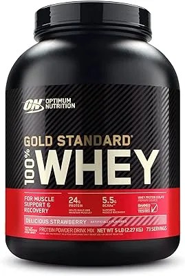 Optimum Nutrition (On) Gold Standard 100٪ بروتين مصل الحليب المعزول المصدر الأساسي - فراولة لذيذة ، 5 أرطال ، 73 حصة