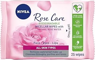 NIVEA Face Wipes Micellar, Rose Care with Organic Rose Water, All Skin Types, 25 Wipes