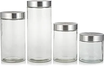 Harmony 2724623295671 4 Pieces Table Top Canister With Cover Set, Glass/Metal