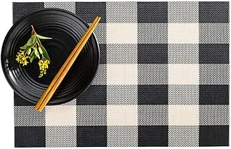 Carmel Mesh Black and White Vinyl Woven Placemat - Large Gingham - Heat Resistant, Stain Resistant - 16