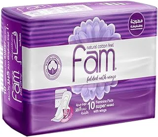 Fam Natural Cotton Feel, Maxi Thick,Folded With Wings, Super Sanitary Pads,10 Pads