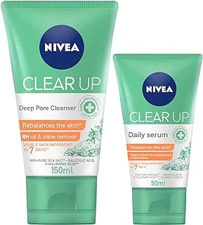 NIVEA Clear Up Reduces Blemishes Anti-Acne bundle: Face Wash Deep Pore Cleanser, Salicylic & Hyaluronic Acid, 150ml + Face Serum, Salicylic & Hyaluronic Acid, 50ml