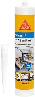 SIKA Sikasil-117 Sanitary, White, Anti-Fungal Acetoxy Silicone Sealant For Sanitary Applications, Weathering Resistance, White 280 ml Cartridge 606886