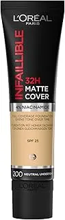 L’Oréal Paris Infaillible 32H Matte Cover Foundation with 4% Niacinamide, Full Matte Coverage, Long Lasting, Transfer proof with Oil Control & SPF 25 - Shade 200, Golden Sand, 30 ml