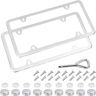 Amazon Basics Stainless Steel License Plate Frame Pair with Screw Caps - 4-Hole, 12.2″ x 6.3″, Chrome