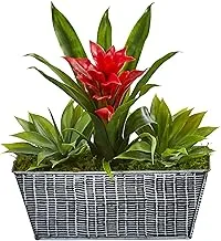 Nearly Natural Mini 11In. Bromeliad And Agave Artificial Embossed Tin Planter Silk Plants, Red