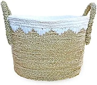 Dubai Garden Centre Seagrass Round Basket with Handle, 38 cm Diameter, White/Natural