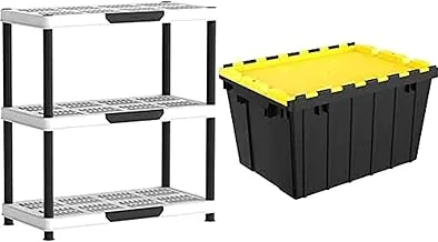 Cosmoplast Plastic Heavy-Duty Shelving Rack 3 Tiers Storage Unit + 2 Utility Storage Box With Dual Flap Lids 55 Liters