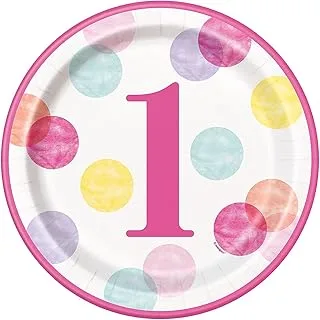 Unique Party 73285 23cm Pink Dots 1st Birthday Paper Plates, Pack of 8