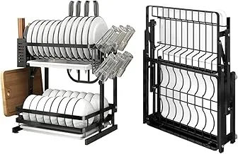 Sulfar 2-Tier Dish Drying Stand, Foldable Dish Drying Rack with Cups Holder Cutting Board Holder Knife Rack Flatware Holder, Dish Rack with Tray, Stainless Steel Dish Drainers Kitchen Dish Dryer Black