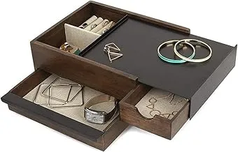 Umbra Jewelry Box-Modern Keepsake Storage Organizer With Hidden Compartment Drawers For Ring, Bracelet, Watch, Necklace, Earrings, And Accessories, Stowit, Black/Walnut