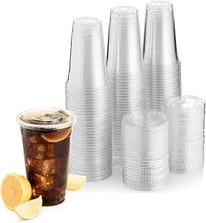 SNH Juice Cup 20Oz With Lid Clear Strong Disposable 50 Pieces - Ideal for iced coffee, smoothies, Bubble Boba tea, milkshakes, frozen cocktails, water, sodas, juices, snacks, dessert and more.