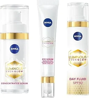 NIVEA LUMINOUS 630 EVEN GLOW Anti Dark Spot Bundle: Concentrated Face Serum, 30ml + Anti Dark Circles & Puffy Eyes Serum, 15ml + Face Fluid SPF 50, 40ml