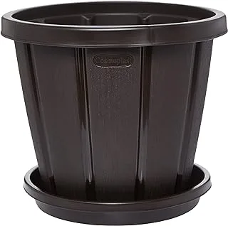 Cosmoplast Plastic Cedargrain Round Flowerpot 8” with Tray, Dark Brown, 8-inches