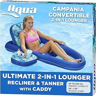 Aqua LEISURE Campania Ultimate 2-In-1 Pool Float Lounge â€“ Extra Large Inflatable Floats For Adults With Adjustable Backrest & Cupholder Caddy â€“ Teal Hibiscus