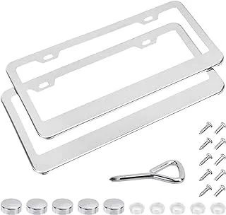 Amazon Basics Stainless Steel License Plate Frame Pair with Screw Caps - 2-Hole, 12.2'' x 6.3'', Silver