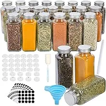 O9 O-NINE 24 Pcs Glass Spice Jars/Bottles - 4oz Empty Square Spice Containers with 10 Sheet Blank Labels - Shaker Lids and Airtight Metal Caps - Silicone Collapsible Funnel Included