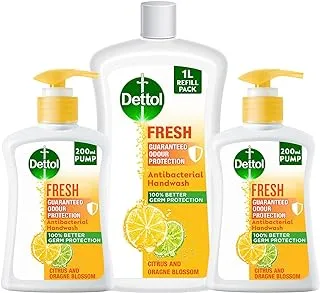 Dettol Fresh Handwash Liquid Soap Pump For Effective Germ Protection & Personal Hygiene (Protects Against 100 Illness Causing Germs), Citrus Orange Blossom Fragrance, 200ML, Pack Of 2+1L Refill