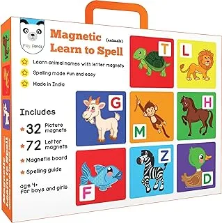 PLAY PANDA Magnetic Learn To Spell : Animals With 32 Picture Magnets, 72 Letter Board And Spelling Guide - For Boys Girls, Orange