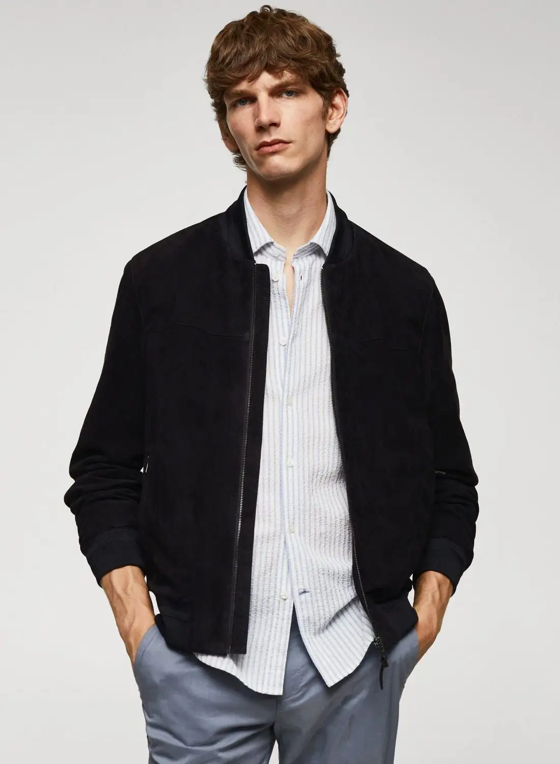 Mango Man Essential Leather Bomber Jacket