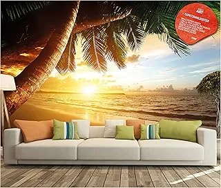 BPA Photo Wallpaper Beach Sunset Decoration 132.3x93.7in / 336x238cm – Palm Tree Tropical Island Caribbean Ocean Landscape Nature Sea Coast Mural – 8 Pieces Includes Paste